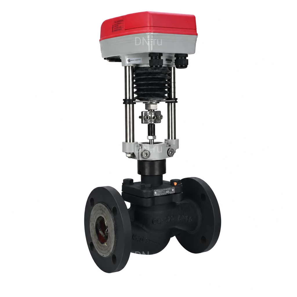 Клапан запорно-регулирующий двухходовой высокотемпературный 25с947п Ду65 Ру40 Kv25м3/ч, корпус - сталь 20Л/25Л, уплотнение - металл/PTFE, фланцевый, Tmax до 220°С, с электроприводом TW3000-XD24-S.14(3000N) 24В (VSRH1-21MP-LED-F)