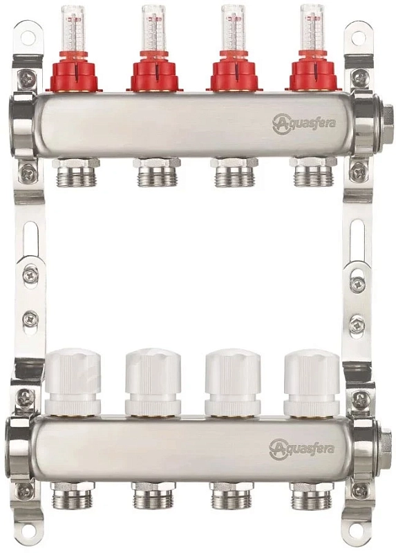 Группа коллекторная Aquasfera 9503 Ду25 Ру6 внутренняя резьба, выходов 6х3/4″ наружная резьба под евроконус с регулирующими клапанами и расходомерами, нержавеющая сталь