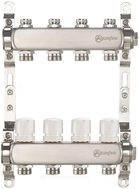 Группа коллекторная Aquasfera 9504 Ду25 Ру10 внутренняя резьба, выходов 2х3/4″ наружная резьба под евроконус с балансировочными и регулирующими клапанами, нержавеющая сталь