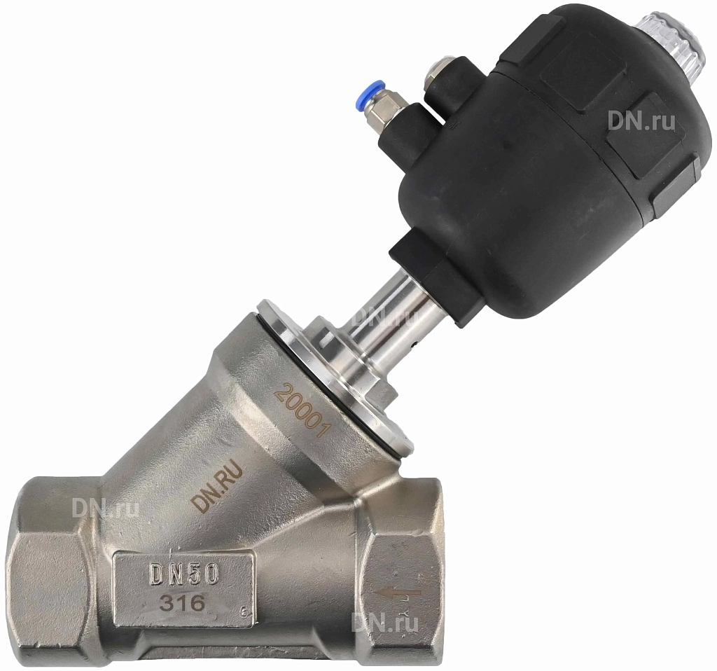 Клапан отсечной пневматический 3″ Ду80 Ру25, корпус - нержавеющая сталь SS316, резьбовой, Y-образный, корпус привода - пластик (VSP3241P-T-1PNC)